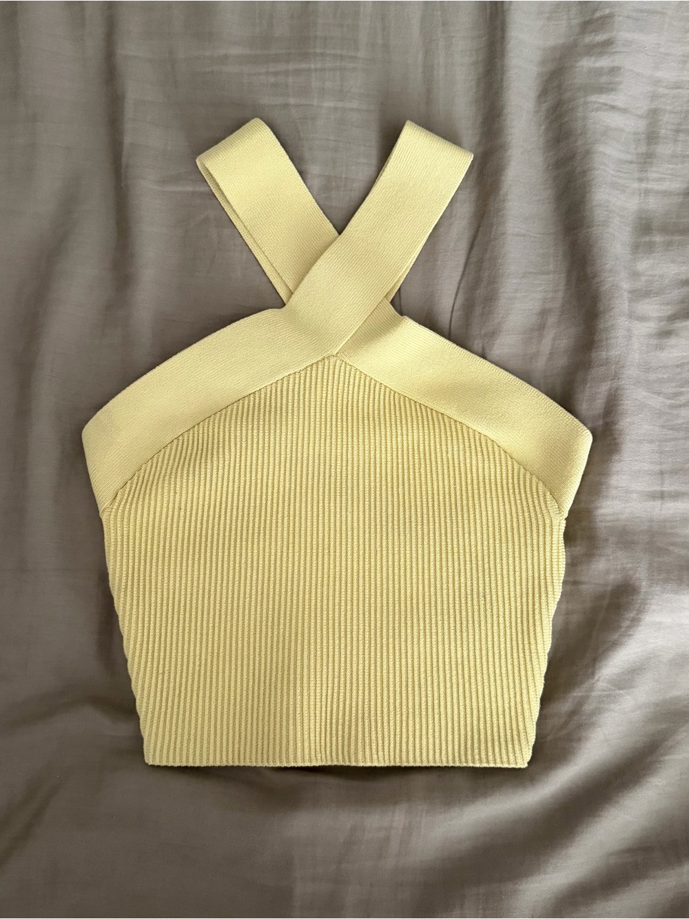 Babaton Pale Yellow Ribbed Cross-Back Crop Top